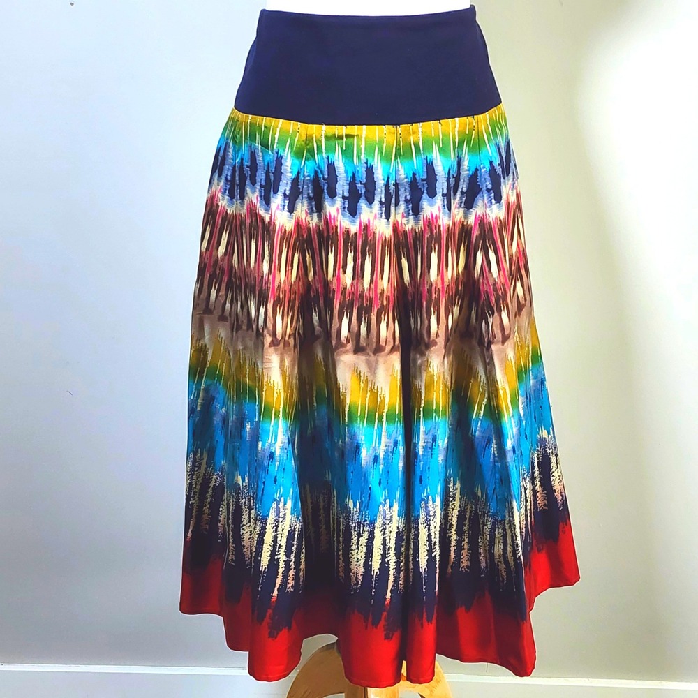Jones New York 100% Silk Skirt Womens XL Multicolor Ikat Print Midi Luxury Chic